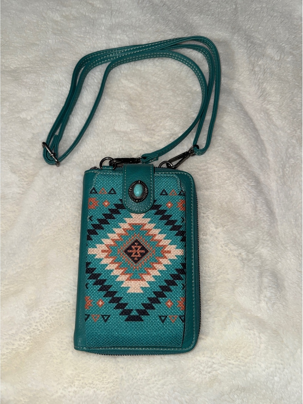 Teal American Bling Crossbody Wallet with Aztec Pattern and Adjustable Strap
